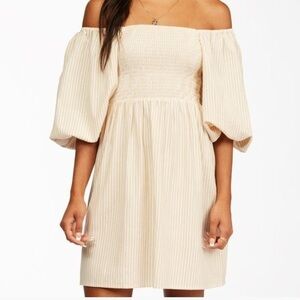 Billabong Cream White Striped Off Shoulder Smocked Puff Sleeve Dress